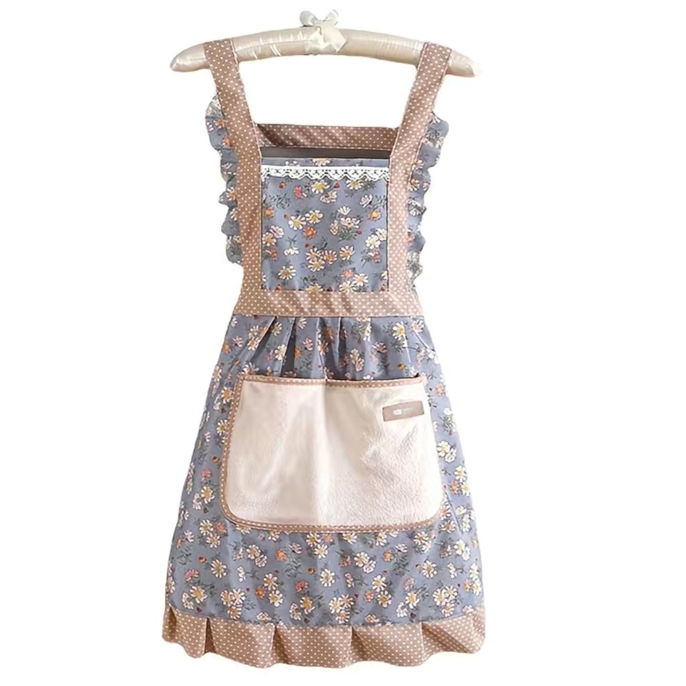 Apron Bib Sweet Vintage Retro Vibe Pockets Waist Tie Floral Polka Dot Blue OS - Picture 10 of 10